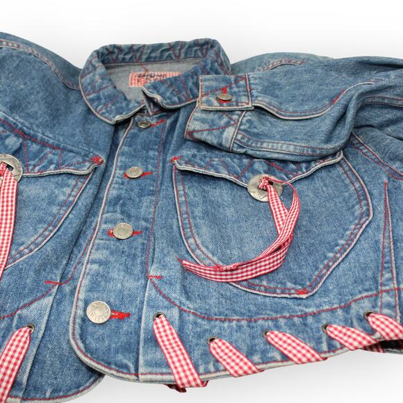 Vintage M/L HystericEtVous Crop Denim Jean Jacket Western Red Gingham Cowgirl - Picture 10 of 16